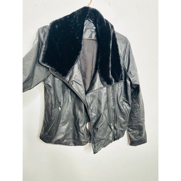 SLATE & WILLOW Black 100% Lambskin Leather Faux Fur Lapel Leather Jacket sz L - Picture 8 of 16